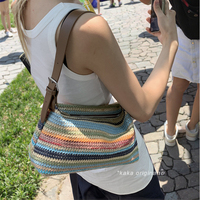 Sac à bandoulière en paille tressée rayé arc-en-ciel pour femme, léger, style bohème, avec fermeture éclair, sac hobo pour l'été