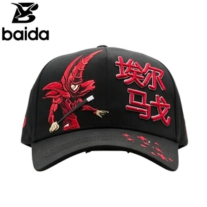 Black <b>Baseball</b> <b>Cap</b> Embroidered Character Design Red Chinese Text Japanese Style Unisex 5 Panel Hat - Product Image 1