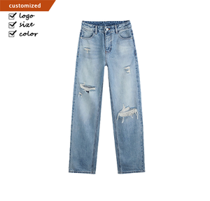 Jeans en denim déchiré taille haute pour <span class=keywords><strong>femme</strong></span>, coupe skinny, style Y2K, décontracté, délavé, jambe droite, style urbain, été - Product Image 1