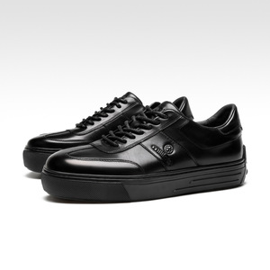 Men's Casual Leather Sneakers <b>Top</b> Layer Cowhide Mid Heel Solid Color Front Laces <b>Walking</b> Style Shoes - Product Image 3