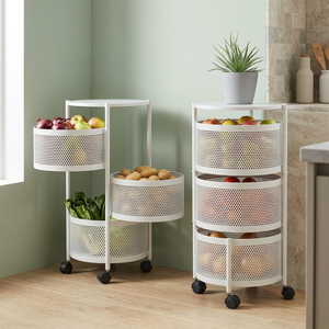 Étagère de rangement ronde en métal à 3 niveaux, organisateur de cuisine mobile avec roulettes pour le stockage des aliments, design minimaliste, blanc - Product Image 6