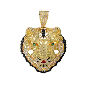 Best-selling Jewellery Custom Fashion Cool Man Diamond Zircon Crystal Gold Green Eye Tiger Head Pendant