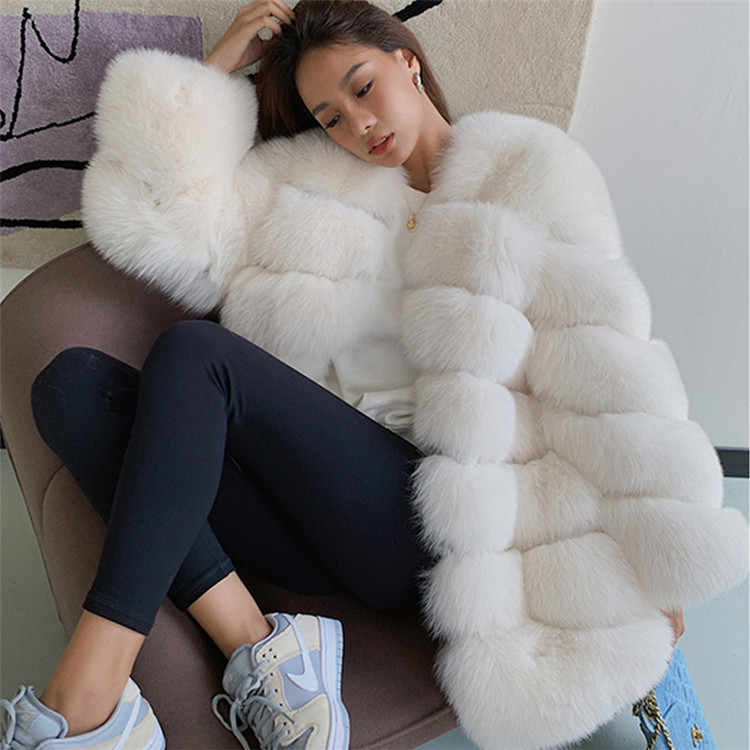 Fashion black fox fur coat women's mid-length winter coat warm and slim