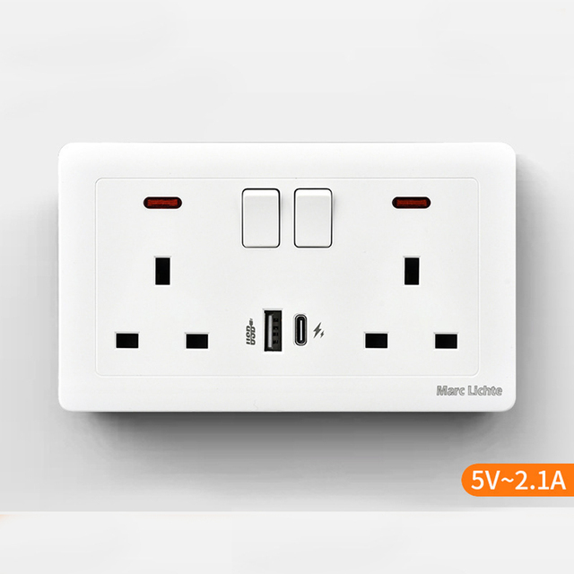 Wall Power USB Socket, 5V 2.1A Double USB Charger Port, LED Indicator, 146mm*86mm, UK Standard Switch control 13A Outlet