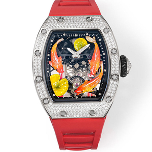 Luxury Diamond Bezel Tonneau Watch 3D Koi Fish Dial with <b>Red</b> Rubber Strap - Product Image 1