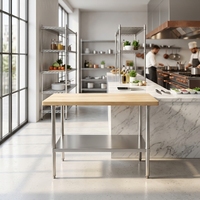 Table de préparation de cuisine commerciale Xiangying à 2 niveaux avec étagère supérieure en bois, cadre en acier inoxydable, plateau en bois massif robuste, OEM ODM
