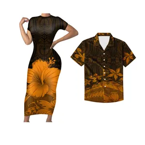 Оптовая продажа, полинезийский этнический Гавайский элегантный черный гибискус с цветочным принтом, индивидуальная мода, пара женских сексуальных платьев с мужскими топами