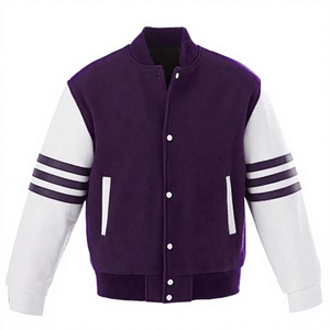 DAIZAN <b>STAR</b> INTERNATIONAL Men Varsity <b>Jacket</b> Canvas Polyester/Cotton Breathable Purple White Sleeve Solid Color Casual Stand - Product Image 1