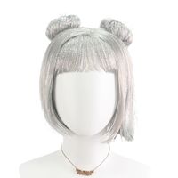 Perruque de cosplay Halloween style Ghost-girl, gris argenté scintillant, en soie synthétique, avec double chignon et frange droite, pour fête et scène