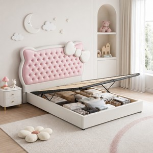 <span class=keywords><strong>Cama</strong></span> de Almacenamiento Tapizada Rosa Princesa con Cabecero Acolchado con Lazo, Estructura con Elevación Hidráulica, <span class=keywords><strong>Cama</strong></span> para Dormitorio de Niñas, OEM ODM, Venta al por Mayor - Product Image 6