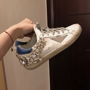Luxury Vintage Distressed Rhinestone Embellished Star Unisex Leather Trainers Blue Heel <b>Cap</b> Low Top Lace Up Dirty Sneakers - Product Image 1