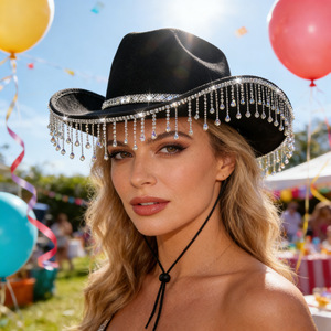 Sombreros de fiesta para madre e hija ZhenXi, sombrero de ala ancha con borlas y diamantes de imitación, talla para niños y adultos, 54 cm, 56-58 cm, sombrero de jazz para festivales - Product Image 3