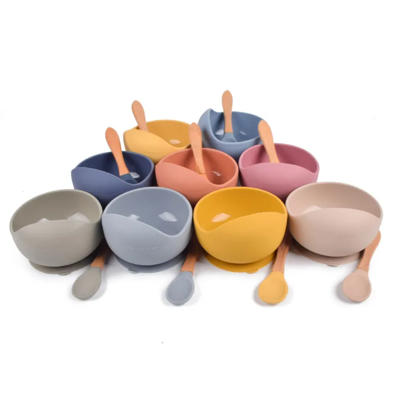 Eco-friendly Unbreakable Soft Suction Silicon Babi Feeding Bowl Silicone Baby Bowls with Spoon