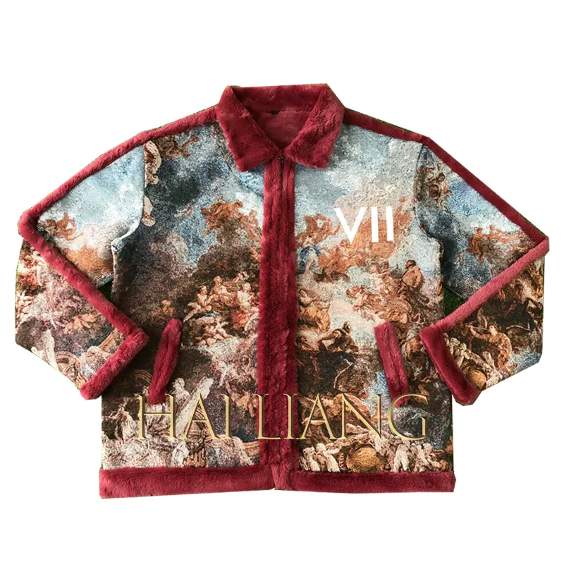 New Vintage Tapestry Heavy Coat Custom Puffy Red Faux Leather Jacket Men con giacche Jacquard tessute con cerniera da uomo in pelliccia