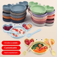 Ensemble de vaisselle pour bébé avec assiette et bol à forte aspiration, motif crabe bicolore, surface givrée, compatible micro-ondes pour enfants