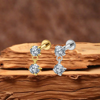 Boucle d'oreille en titane 16G avec double CZ flottant, tragus, hélix, cartilage, clou à visser interne, pendentif, bijou de piercing, cadeau