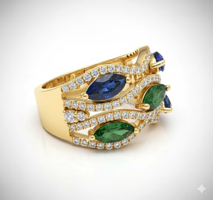 Anillo de Diamantes con Múltiples Piedras Preciosas, Anillo de Diseño en Oro, Estilo Zafiro Azul y Esmeralda, Joyería de Lujo para Boda, Anillo de Declaración - Product Image 6