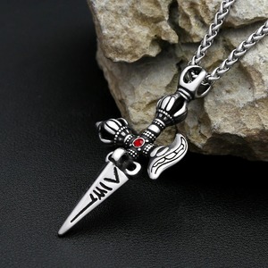yunnique Men's Stainless Steel <b>Cross</b> Pendant Necklace With Red Stone And Sword Design For Punk Fashion - Product Image 2