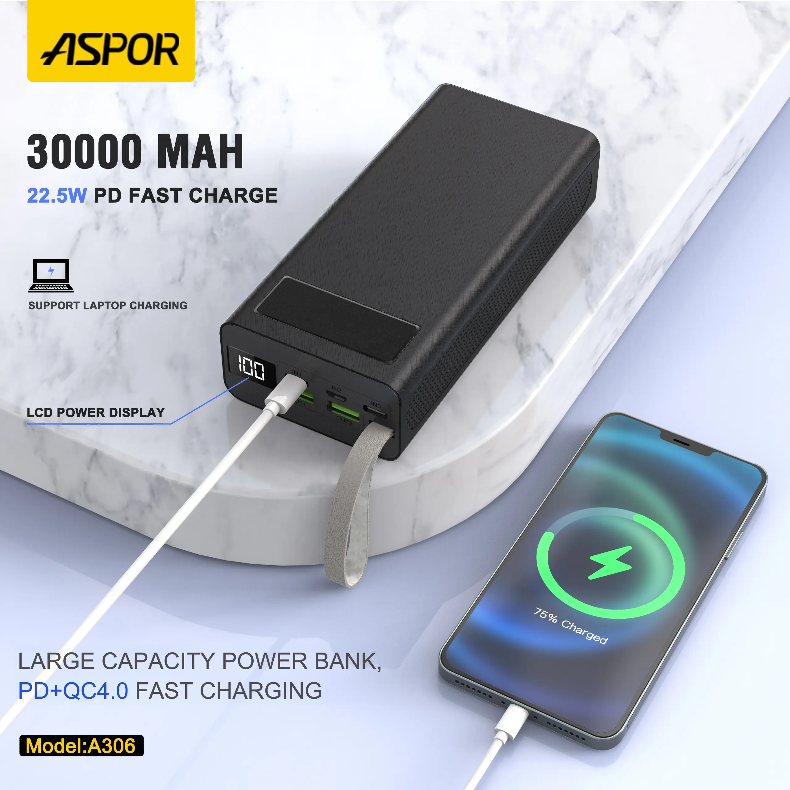 بنك طاقة Aspor A306 mah ، mah ، mah ، بنك طاقة بشاشة LCD W + 20W PD ، سعة كبيرة للشحن السريع