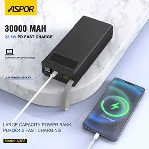 Aspor A306 10000mah 20000mah 30000mah 50000mah power bank display LCD 22.5W + 20W PD powerbank a ricarica rapida di grande capacità