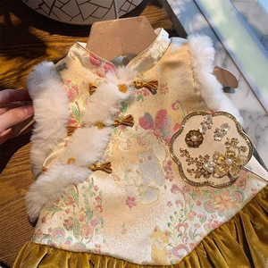Chinese Style Girls Vest Dress Winter New Year Outfit Traditional Baby Girl Clothing With Pearl Necklace And Fur Trim - Product Image 3