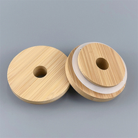 Couvre-bocaux en bambou de 70 mm avec trou pour paille, bonne étanchéité, avec anneau en silicone pour bocaux et bouteilles en verre
