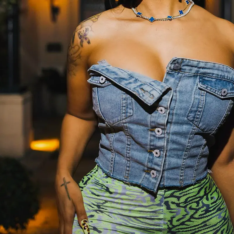 Roupas Femininas de verão New Design moda sem mangas strapless elástico envoltório sexy tops único breasted mulheres denim espartilho top