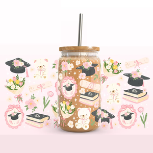 Blooming Bow Bliss - Envoltura Personalizada para Vasos de Vidrio de 16 oz, Diseño de Ramo Floral Rosa con Cinta, para Impresión Digital UV DTF - Product Image 2