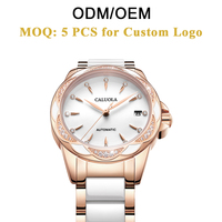 CALUOLA Montre automatique de luxe de haute qualité pour femmes, boîtier en acier inoxydable, cristal saphir, analogique, céramique, 18 mm, 5 BAR, résistante à l'eau