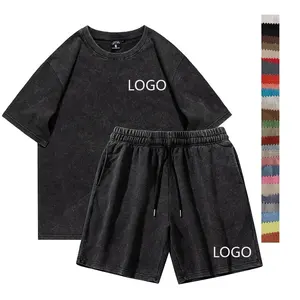 Bán Buôn Mùa Hè Cổ Điển Rửa Sweatsuits Biểu Tượng Tùy Chỉnh Rửa Denim Cotton Quá Khổ T-Shirts Và Quần Short Set Cho Nam Giới