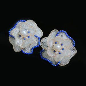 14K Gold Filled Floral <b>Stud</b> Earrings, Italian Metal Lace Handmade Earrings With Natural Freshwater Pearl & Lapis Lazuli - Product Image 2
