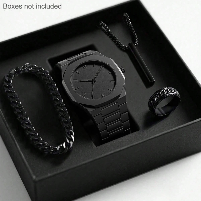 CS008 Gift Set Four Piece Black Rings Bracelets Necklaces Muslim Quartz Watches Without Box Plastic Aura Arabic Watch for Men