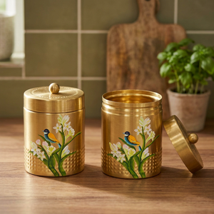 Oriental Style <b>Metal</b> Spice Container With Lid Painted Floral Design Round Shape Food <b>Storage</b> <b>Box</b> - Product Image 6