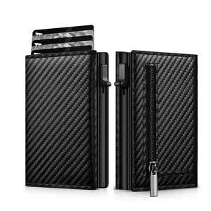 Men's Wallet Carbon Fiber RFID Blocking Credit Card Holder With Zipper Coin Pocket Automatic Pop-up Card Holder Money Clip