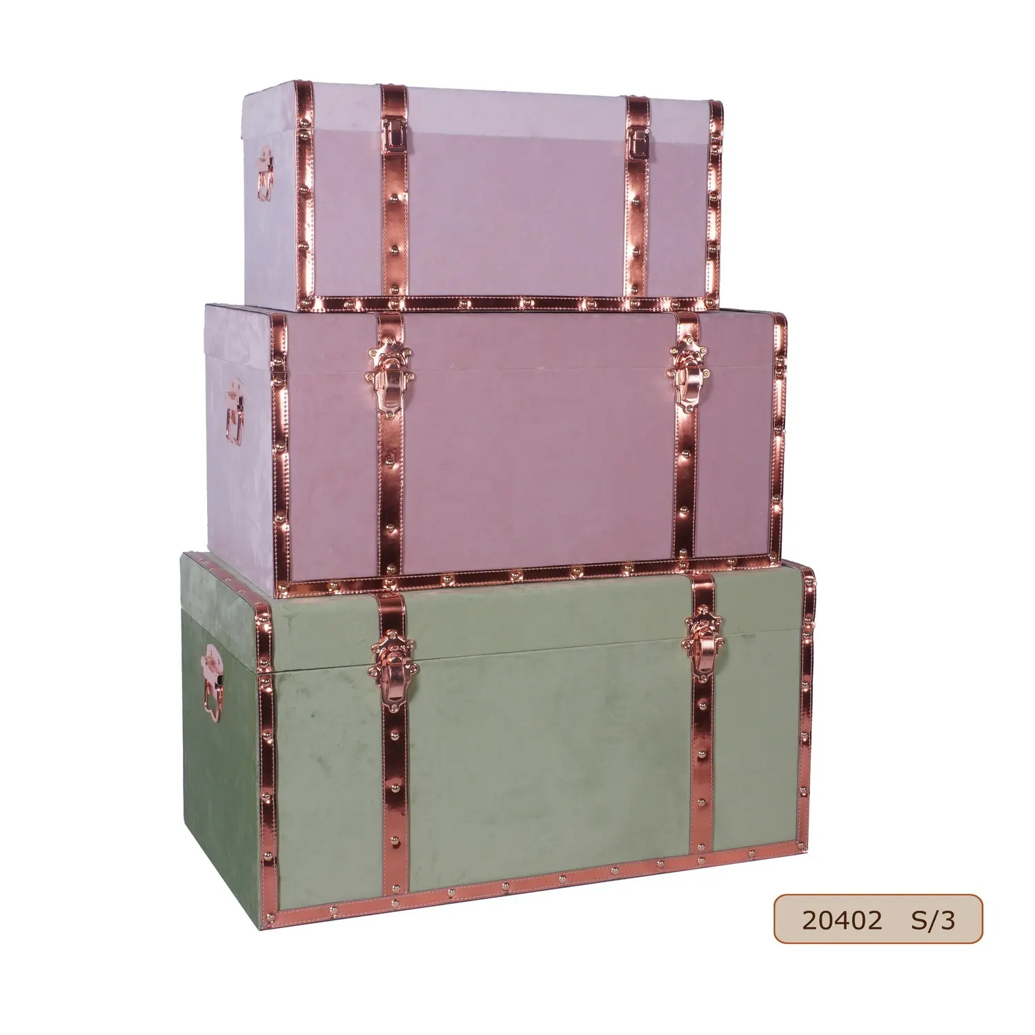 Vintage Wooden Trunk Storage Box Set with Velvet Surface and Decorative Rose Gold PU Leather Belts