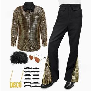 Costume d'Halloween vintage années 60-70 style <span class=keywords><strong>hippie</strong></span>, pantalon à paillettes, haut, pantalon pattes d'éléphant pour homme, tenue brillante pour chanteur <span class=keywords><strong>de</strong></span> discothèque et danseur - Product Image 6