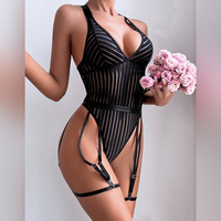 Body Teddy Luxe en Maille Côtelée Une Pièce, Col en V Profond Séduisant, à Jarretelles, Dos Nu, Coupe Haute, Lingerie Exotique S-L