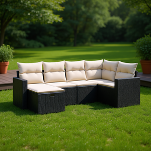 Conjunto de sofás de jardín en poliratán negro con cojines de espuma de alta densidad para uso en exteriores - Product Image 2