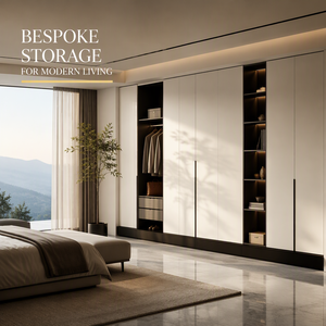 Armoire autoportante ultra-minimaliste en bois flottant, écologique, sans poignées, blanche, pour suite parentale, avec plateforme noire - Modèle 2026 - Product Image 2