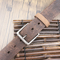 Ceinture en cuir pleine fleur gaufré motif cerf et forêt, style vintage, pour homme, en cuir véritable, idéale pour le western, la chasse et les jeans rétro