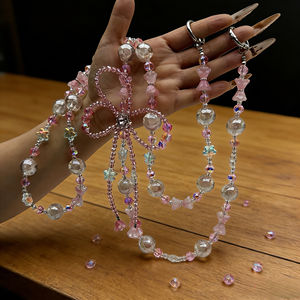 Chaîne de téléphone longue personnalisable, lumineuse, faite à la main, avec perles, nœud de luxe, perles de cristal, bandoulière - Product Image 4