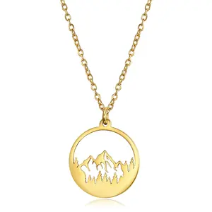 Wholesale Customize Logo Hollow Out 18K Gold Plated 316L Stainless Steel Range Bezel Forest Snow Mountain Pendant Necklace