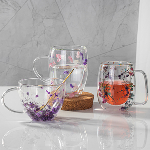 Jinfhuang drinkware Set thiết kế mới tùy chỉnh sáng tạo đôi tường rõ ràng Glass <span class=keywords><strong>Mug</strong></span> Cup với hoa khô bên trong - Product Image 3