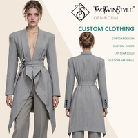 Blazer gris à rayures fines pour femme, style châle, manches longues, manteau portefeuille avec ceinture et poignets boutonnés, idéal pour le bureau et les affaires, vente en gros