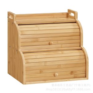 Senle Bamboo Double Layer Bread Box With Handle Kitchen Countertop Pastry Storage Container Condiment Shelf Natural Wood Color - Product Image 5