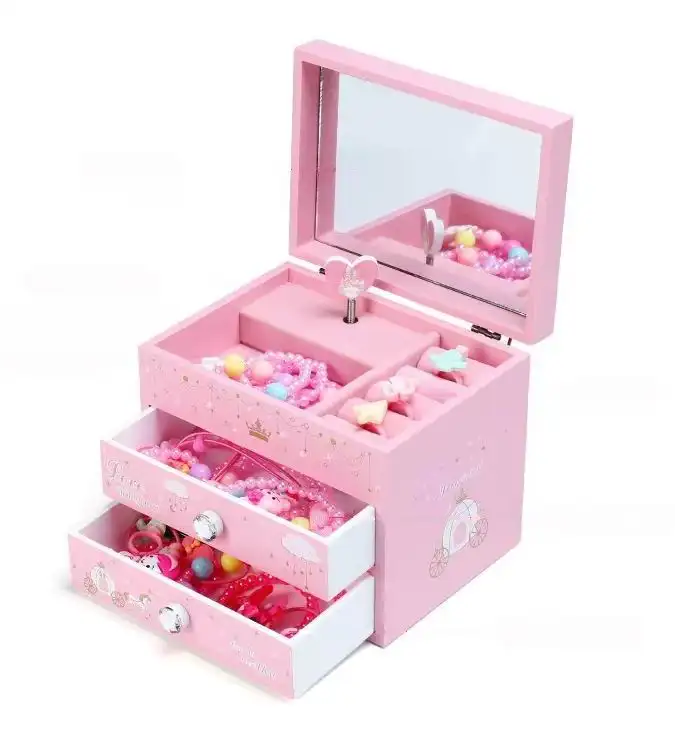 Luxury Pink 2 drawer Girls Rotating heart musical wooden Children's Princess jewelry box music box