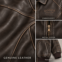 Veste pour homme en cuir avec col pointu, fermeture éclair métallique, broderie, poignets côtelés, poches incurvées, style streetwear, marque privée