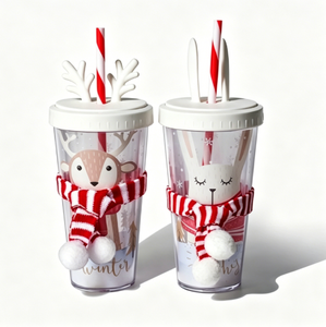 Bouteille d'eau de Noël 14 oz avec paille double paroi et décoration au col – Idéale comme cadeau - Product Image 1