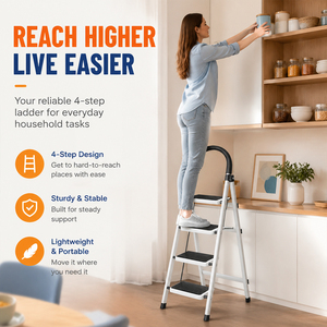 Échelle pliante à 4 marches avec main courante, porte-outils et marches larges antidérapantes, pour la maison, la cuisine et le garage - Stock Pologne - Product Image 4