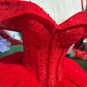 Xss29 Vestido de Gala Rojo de Lujo para Quinceañera, Largo hasta el Suelo, de Tul Natural Brillante, con Corsé de Cuentas, Dobladillo con Volantes y Cola Capilla, para Fiesta Formal - Product Image 2
